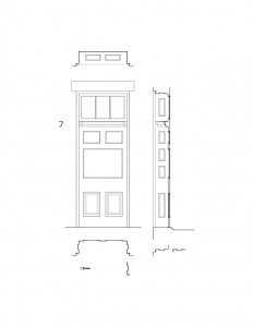Line art of Moore Brewster House interior door featuring interior cornice, window casings, and panel molds.