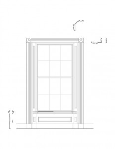 Line art of Moore Brewster House interior window featuring window casing, panel molds, and interior cornices.