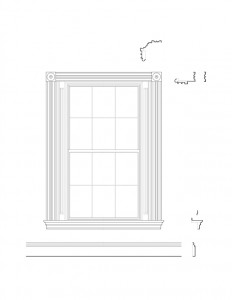Line art of Moore Brewster House interior window featuring window casing, window trim, and interior cornices.