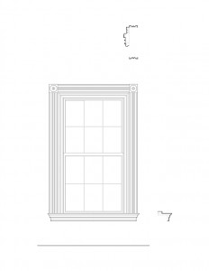 Line art of Moore Brewster House interior window featuring window trim, and interior cornices.