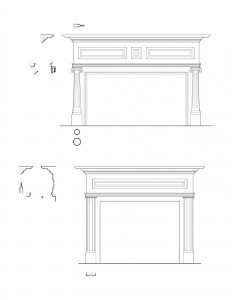 Line art of two Moore Brewster House fireplace mantels featuring fireplace mantel mouldings, cornice mouldings, and column detail on one mantel.