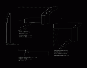 Mix of window, door, and wall mouldings of octagonal plan style house.