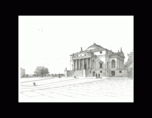 Drawing of a Palladian style building that has steps to the entrance, pillars, cornice mouldings, door mouldings, and circularish dome on roof.