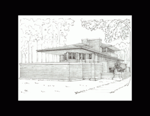 Drawing of prairie style house with low-pitched hipped roof, beautiful window mouldings, wide roof eaves, and an all brick exterior.