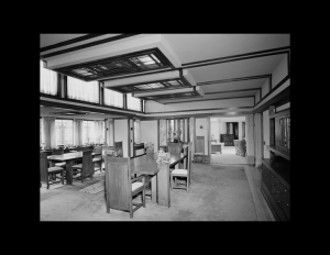 Interior of prairie style house with window mouldings, and ceiling mouldings.