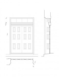 Line art of Sandusky County Court House front entrance door featuring door casing with mouldings and door casing with panel molds