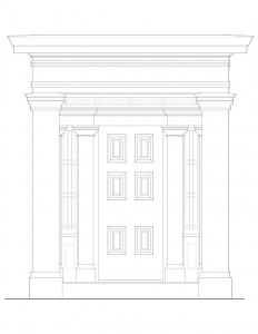 Line art of Sweet House entrance door featuring door casing with mouldings, pillars with mouldings and door panels with molds