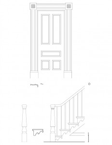 Line art of Sweet House featuring staircase railings with baluster molds, door casing with mouldings and door casing with panel molds
