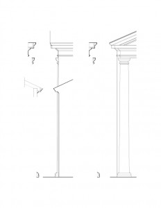 Line art of Skyes house featuring pillars with mouldings and column with mouldings