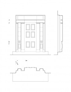 Line art of Thomas Hurst house main entrance featuring door casing and door panel with mouldings and columns with mouldings