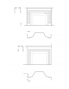 Line art of Thomas Hurst House featuring fireplace with mouldings and fireplace with panel molds