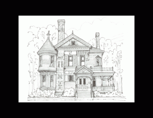 Drawing of Victorian style house with conical tower, two balconies on both stories, window mouldings, and chimneys.