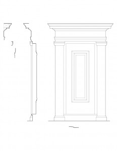 Line art of Wilson Riegelsberger House entrance door casing with mouldings, door panel molds and column molds