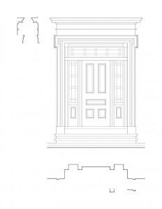 Line art of Hurst House doorway featuring steps to entrance, exterior cornice mouldings, windows with casing, and panel molds.