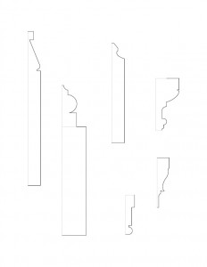 Several line art sketches of Hurst House moulding profiles.