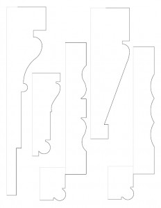 A multitude of line art sketches of Hurst House moulding profiles.