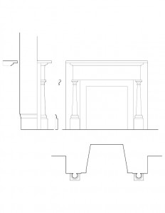 Line art of Hurst House fireplace mantel mouldings with column detail.