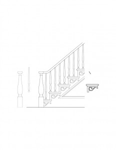 Line art of Hurst House staircase featuring newel post with cap, balusters, panel molds, and beautiful design patterns.