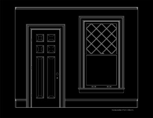 Line art featuring arts and crafts style door mouldings and window mouldings.