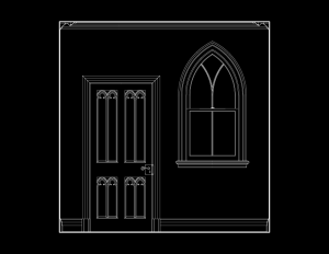 Line art of wall elevation featuring gothic revival style door mouldings and window mouldings.