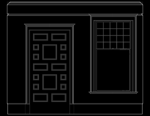 Line art of wall elevation featuring shingle style door mouldings, and window mouldings.