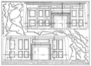 Line art of two seventeenth century houses featuring panel molds, west and east bedroom, and fireplace mantel mouldings with fancy trim.