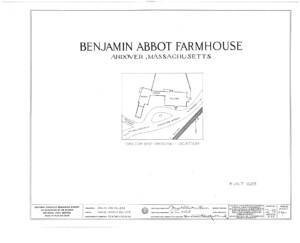 Blueprint cover page by the American Building Survey describing the Benjamin Abbott Farmhouse erection date, address, and architect information.
