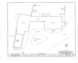 Blueprint of Benjamin Abbott Farmhouse floor plan featuring barn, shed, house, and stone wall around the farmhouse.