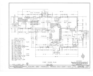 Blueprint of Benjamin Abbott Farmhouse first floor plan featuring door casing schedule, and all rooms including living hall, well room, and parlor.