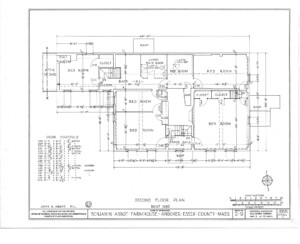 Blueprint of Benjamin Abbott Farmhouse second floor plan featuring six bedrooms, and other rooms with door casing schedules.