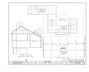 Blueprint of Benjamin Abbott Farmhouse cellar floor plan, attic floor plan, and cross section through living hall.
