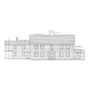 Line art of Benjamin Abbott Farmhouse featuring shingle roofing, plaster on chimney, door mouldings, and window casing mouldings.