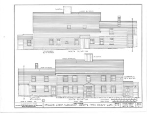 Blueprint of Benjamin Abbott Farmhouse north elevation, and south elevation featuring shingle roofing, door mouldings, and window mouldings.