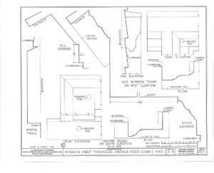Blueprint of Benjamin Abbott Farmhouse window frame of south elevation featuring window casing mouldings, ell cornice, and shingles.