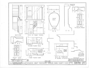 Blueprint of Benjamin Abbott Farmhouse elevation of front stairs featuring railings, newel post with cap, and plaster on wall.