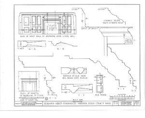 Blueprint of Benjamin Abbott Farmhouse elevation of west wall bedroom featuring mantel mouldings, and panel molds.