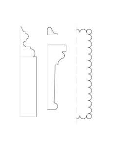 Line art of BENJAMIN PICKMAN HOUSE HALL ARCHWAY MOULDINGS featuring several moulding profiles.