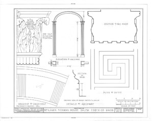 Blueprint of BENJAMIN PICKMAN HOUSE HALL ARCHWAY featuring column detail, exterior cornice mouldings, and ornament designs.