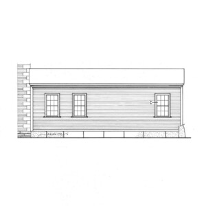 Line art of BENJAMIN PICKMAN HOUSE with shingle siding and window casing mouldings.