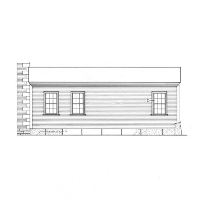 Line art of BENJAMIN PICKMAN HOUSE with shingle siding and window casing mouldings.