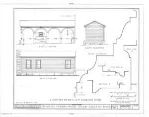Blueprint of BENJAMIN PICKMAN HOUSE west, east, and south elevations featuring shingle siding and window casing mouldings.