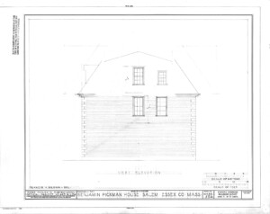 Blueprint of BENJAMIN PICKMAN HOUSE west elevation featuring shingle siding and window casing mouldings.