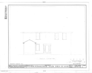 Blueprint of BENJAMIN PICKMAN HOUSE south elevation featuring shingle siding and window casing mouldings.