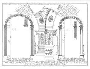 Blueprint of BENJAMIN PICKMAN HOUSE HALL ARCHWAYs featuring column detail, exterior cornice mouldings, and ornament designs.