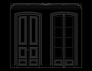 Line art of wall elevation featuring Louis XIV style door casing mouldings and window casing mouldings.