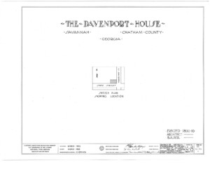 The Davenport House sketch plan showing the location on the corner of State Street and Habersham Street in Savannah, Georgia.