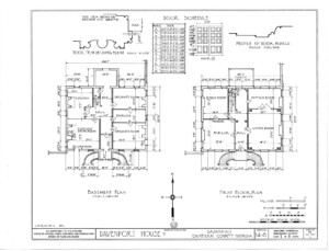 The Davenport House floor plan of the basement and first floor including some door trim and door panel details.