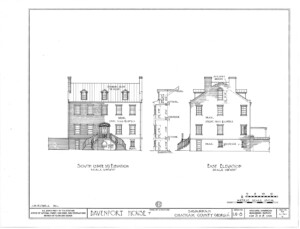 The Davenport House south and east elevation plans and section drawings of windows and doors.