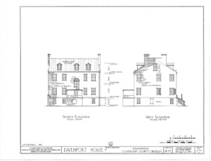The Davenport House north and west elevation plans and section drawings of windows and doors.