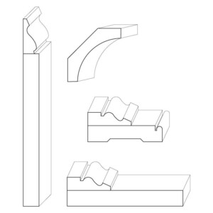 Mix of window, door, and wall mouldings in a Greek Revival style.